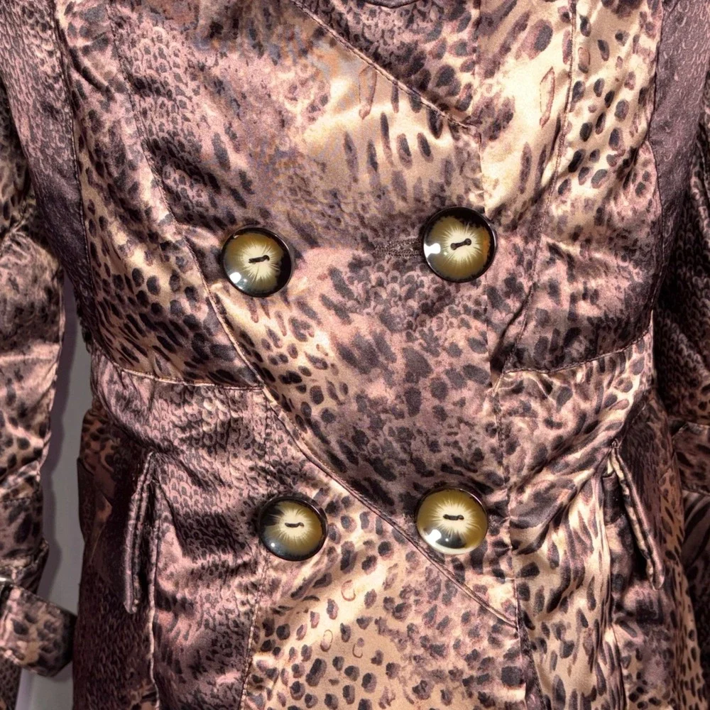 Tuleh Y2K Leopard Print Real Fur Trim Hooded Trench Coat M B35 W31 H38 DAMAGED